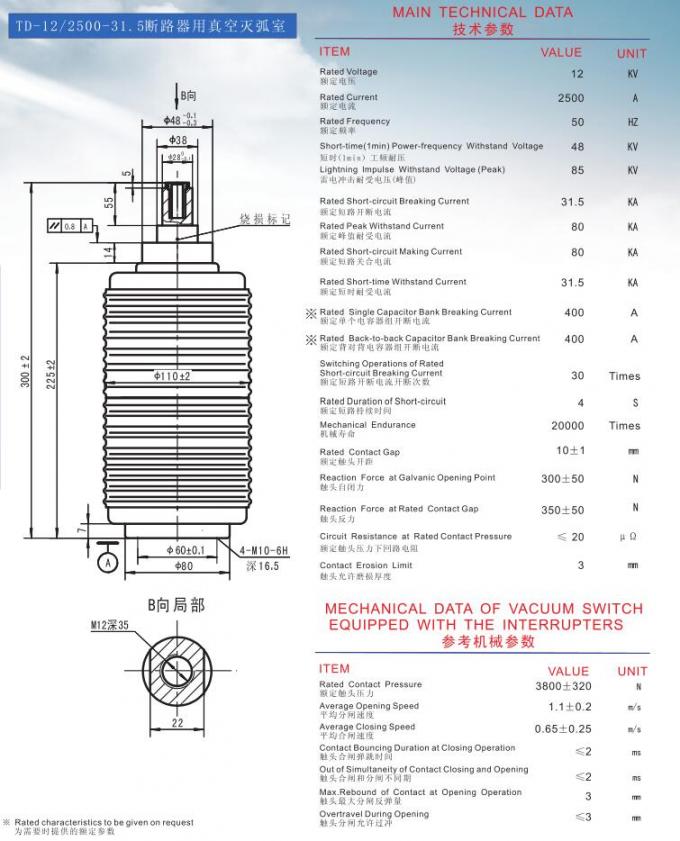 interruttori ceramici di vuoto di 12KV 2500A per alta stabilità degli interruttori all'aperto